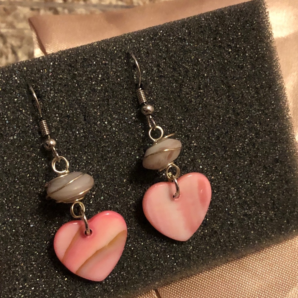 Handmade Heart Earrings Pink Purple Iridescent Marble Pearl